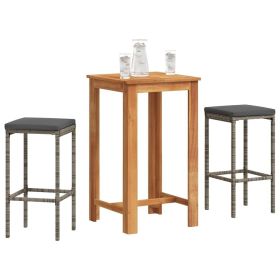 vidaXL 3 Piece Patio Bar Set Gray Solid Wood Acacia and Poly Rattan