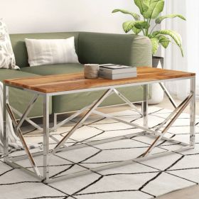 vidaXL Coffee Table Silver Stainless Steel and Solid Acacia Wood