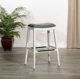 30" Bar Height Saddle Stool, White Finish, Gray Leather Seat