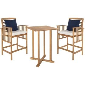 SAFAVIEH Outdoor Collection Pate Natural/ White Cushions/ Navy Pillows 3-Piece Bar Table Bistro Set