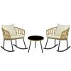 Outsunny 3 Piece Bistro Set with Cushions, Outdoor PE Rattan Wicker Patio Rocking Chair with 2 Porch Rocker Chairs