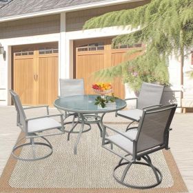 5-Piece Bistro Patio Table and Chairs Set with Tan PVC Sling Swivel Rocker Chairs and Round Cast-Top Outdoor Table