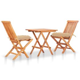 3 Piece Bistro Set with Beige Cushions Solid Teak Wood