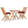 3 Piece Bistro Set with Wine Red Cushions Solid Teak Wood