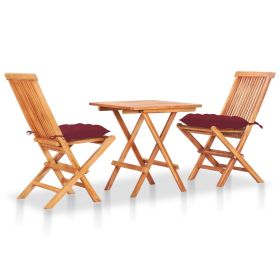 3 Piece Bistro Set with Wine Red Cushions Solid Teak Wood