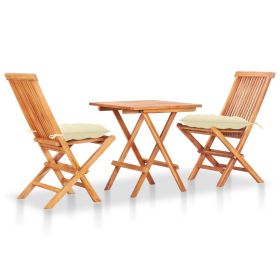 3 Piece Bistro Set with Cream White Cushions Solid Teak Wood