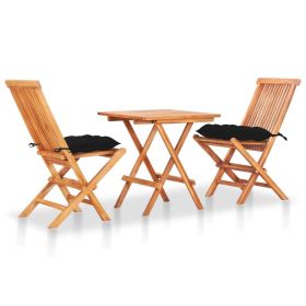 3 Piece Bistro Set with Black Cushions Solid Teak Wood