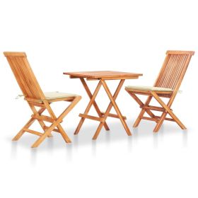 3 Piece Bistro Set with Cream Cushions Solid Teak Wood