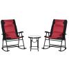 3 Piece Outdoor Patio Furniture Set with Glass Coffee Table & 2 Folding Padded Rocking Chairs, Bistro Style for Porch, Camping, Balcony, Red