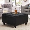 Large square storage ottoman with wooden legs, Upholstered button tufted coffee table with nail trims for Living Space, Black