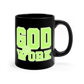 Black Ceramic Mug - 11oz, God @ Work Neon Green And White Print