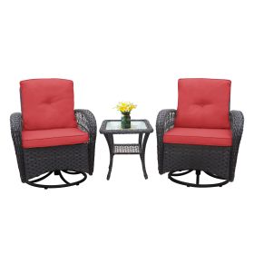 3 Pieces Conversation Set, Outdoor Wicker Rocker Swivel Patio Bistro Set, Rocking Chair with Glass Top Side Table,Red