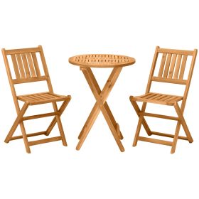 Outsunny 3-Piece Acacia Wood Bistro Set, Folding Patio Furniture with 2 Folding Chairs and Round Coffee Table, Teak, Slatted Finish, for Backyard