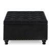 Large square storage ottoman with wooden legs, Upholstered button tufted coffee table with nail trims for Living Space, Black