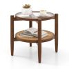 Retro Elegant Rattan Round Side End Table with Tempered Glass Tabletop