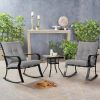 3-Piece Outdoor Rocking Chairs Bistro Set, Black Iron Patio Furniture with Gray Thickened Cushion & Glass-Top Coffee