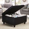 Large square storage ottoman with wooden legs, Upholstered button tufted coffee table with nail trims for Living Space, Black