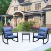 3 Pieces Patio Bistro Set Outdoor Rocking Chair w Blue Cushion for Yard Garden Poolside