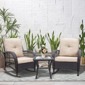 3 Pieces Outdoor Wicker Rocker Patio Bistro Set;  Rocking Glider Chairs with Premium Cushions and Armored Glass Top Side Table;  Elegant Wicker Patio