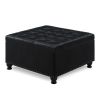 Large square storage ottoman with wooden legs, Upholstered button tufted coffee table with nail trims for Living Space, Black