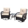 3 Pieces Conversation Set, Outdoor Wicker Rocker Swivel Patio Bistro Set, Rocking Chair with Glass Top Side Table,Khaki