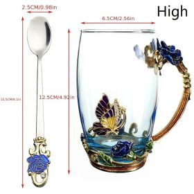 1pc Rose Enamel Crystal Tea Cup; Coffee Mug; Tumbler Butterfly Rose Painted Flower Water Cups; Clear Glass With Spoon Set (Size: High, color: Blue)