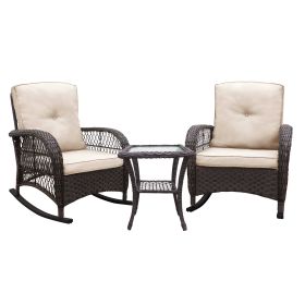 3 Pieces Conversation Set, Outdoor Wicker Rocker Patio Bistro Set, Rocking Chair with Glass Top Side Table (color: as Pic)