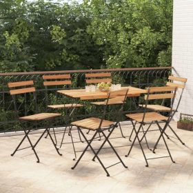 7 Piece Folding Bistro Set Solid Wood Acacia and Steel (color: Brown)