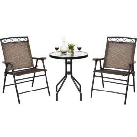 Garden Furniture Outdoor Patio Bistro 3 Pieces Set of Round Table and Folding Chairs (Size: 24 Inch, color: Shown in the pic)