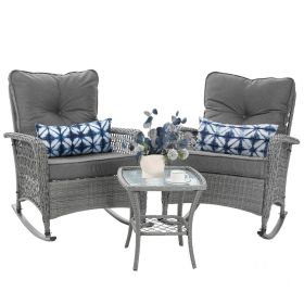 Patio Furniture Set 3 Pieces, Wicker Rocking Bistro Set with Thick Cushions, Outdoor Rocker Chairs and Coffee Table (color: Grey)