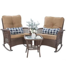 Patio Furniture Set 3 Pieces, Wicker Rocking Bistro Set with Thick Cushions, Outdoor Rocker Chairs and Coffee Table (color: Khaki)