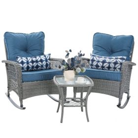 Patio Furniture Set 3 Pieces, Wicker Rocking Bistro Set with Thick Cushions, Outdoor Rocker Chairs and Coffee Table (color: Blue)