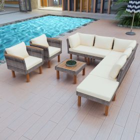 GO 9-Piece Patio Rattan Furniture Set, Outdoor Conversation Set With Acacia Wood Legs and Tabletop, PE Rattan Sectional Sofa Set with Coffee Table (color: as Pic)