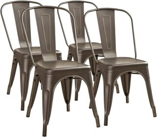 Metal Dining Chair Indoor Outdoor Use Stackable Classic Trattoria Chair Chic Dining Bistro Cafe Side Metal Chairs Set of 4 (Gun) (color: Gun)