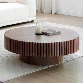 Round Coffee Table Wood End Tables for Living Room,Modern Circle Fluted Drum Side Tables, Easy Assembly,minimalist Coffee Table (color: Walnut)