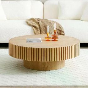 Round Coffee Table Wood End Tables for Living Room,Modern Circle Fluted Drum Side Tables, Easy Assembly,minimalist Coffee Table (color: OAK)