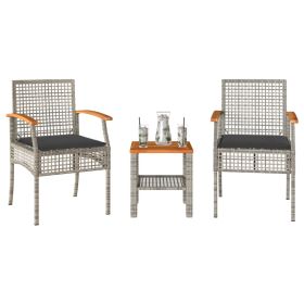 3 Piece Bistro Set with Cushions Gray Poly Rattan Acacia Wood (color: Gray)