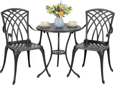 NUU GARDEN Patio Bistro Sets 3 Piece Cast Aluminum Bistro Table and Chairs Set with Umbrella Hole Bistro Set of 2 (color: 0 cushion)