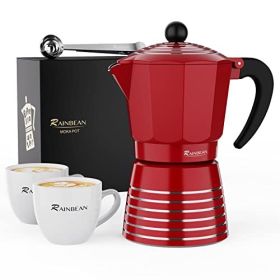 RAINBEAN Moka Pot 6 Cup Set, 11 oz / 300ml Stovetop Espresso Maker, Italian Cuban Greca Coffee (color: Red)