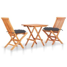 3 Piece Bistro Set with Anthracite Cushions Solid Teak Wood (color: Anthracite)