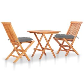 3 Piece Bistro Set with Gray Cushions Solid Teak Wood (color: Gray)