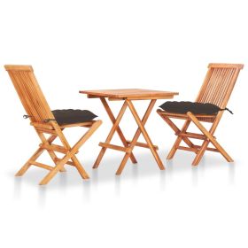 3 Piece Bistro Set with Taupe Cushions Solid Teak Wood (color: Taupe)