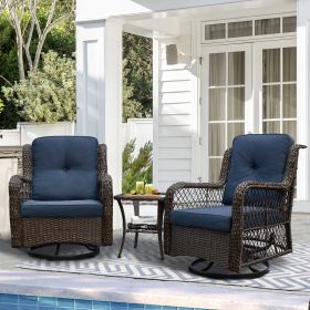 Outdoor Bistro Set 3 Pieces;  Outdoor Resin Wicker Swivel Rocker Patio Chair;  360-Degree Swivel Rocking Chairs and Tempered Glass Top Side Coffee Tab (color: Blue)