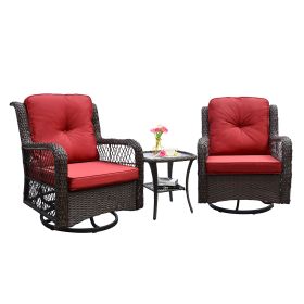 Outdoor Bistro Set 3 Pieces;  Outdoor Resin Wicker Swivel Rocker Patio Chair;  360-Degree Swivel Rocking Chairs and Tempered Glass Top Side Coffee Tab (color: Red)