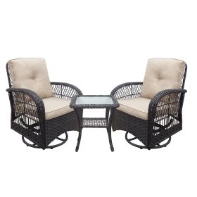 360-Degree Patio Wicker Swivel Rocker Chairs Set;  Outdoor Rattan Rocking Bistro Sets with Cushions and Table; Dark Brown (color: Brown)