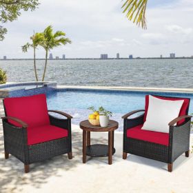 3 Pieces Patio Rattan Furniture Set with Washable Cushion and Acacia Wood Tabletop (color: Red)