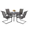 MEOOEM Patio  C Spring Textilene Dining Set  Bistro Set Outdoor Furniture Square Bistro Metal Table Side Table and Dining Chairs