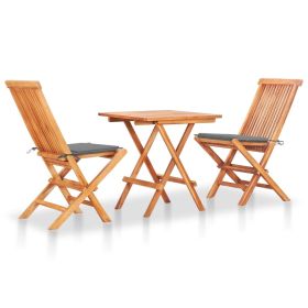 3 Piece Bistro Set with Gray Cushions Solid Teak Wood (color: Grey)