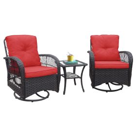 360-Degree Patio Wicker Swivel Rocker Chairs Set;  Outdoor Rattan Rocking Bistro Sets with Cushions and Table; Dark Brown (color: Red)