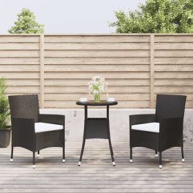 3 Piece Patio Bistro Set with Cushions Black Poly Rattan (color: Black)